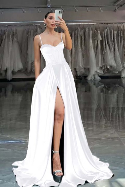 Spaghetti Strap Sleeveless Long Split Prom Dress With Pleated