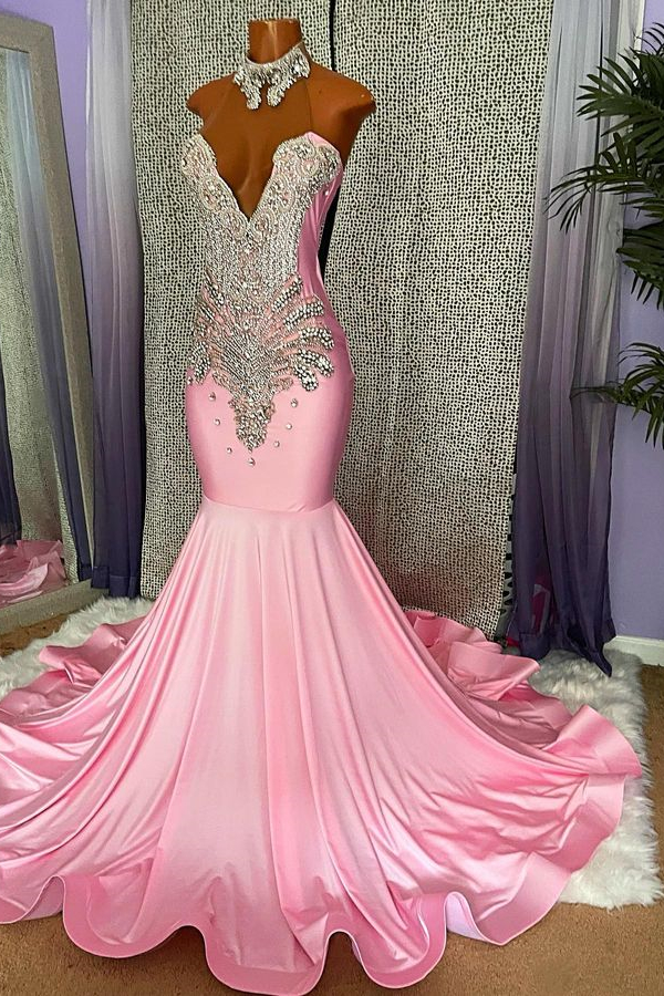 Mermaid Pink High Neck Sleeveless Prom Dress Beaded With Appliques