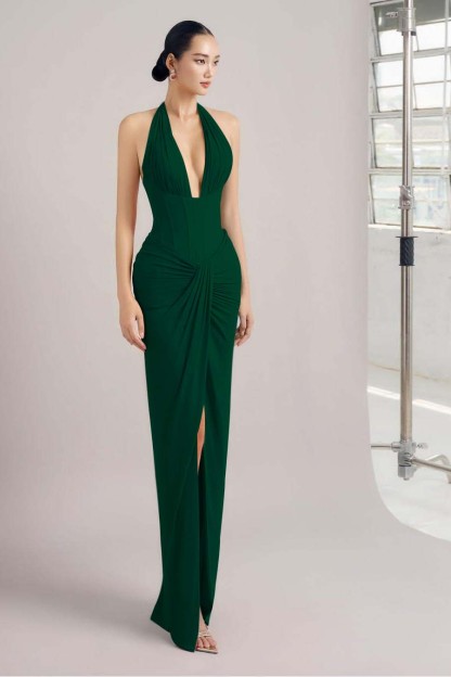 Sleeveless Halter Long Mermaid Split Prom Dress With Pleated