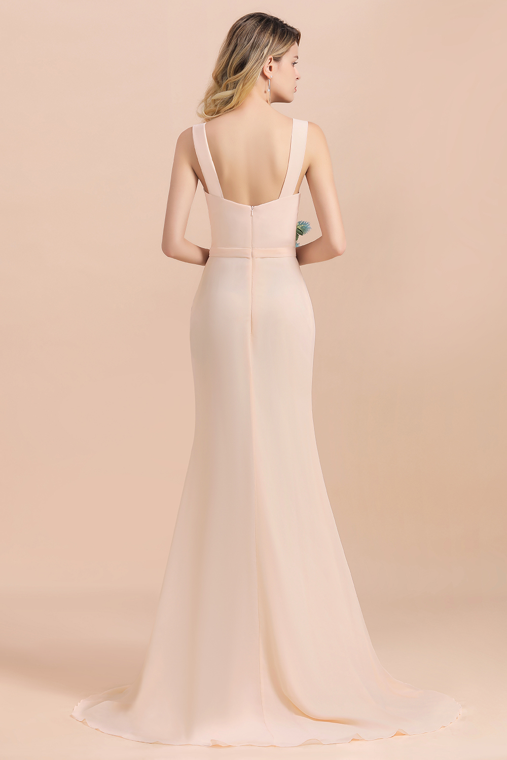 BMbridal Gorgeous Drapped Neckline Ruffle Chiffon Bridesmaid Dresses Online with Slit-BMbridal