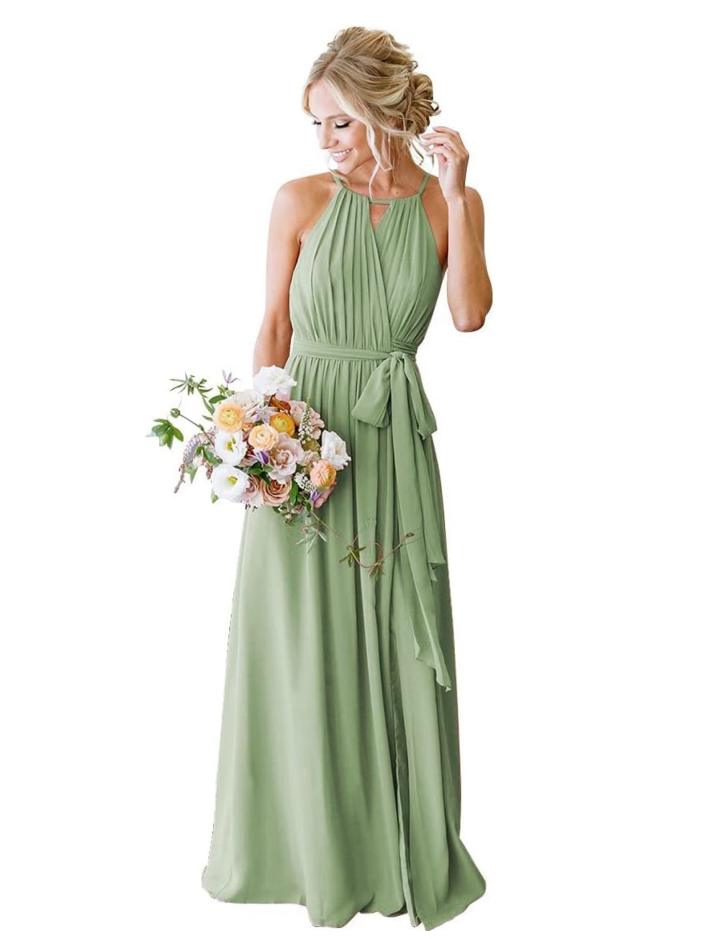 Floor-Length Princess Halter Spaghetti Strap Bridesmaid Dresses with Pockets