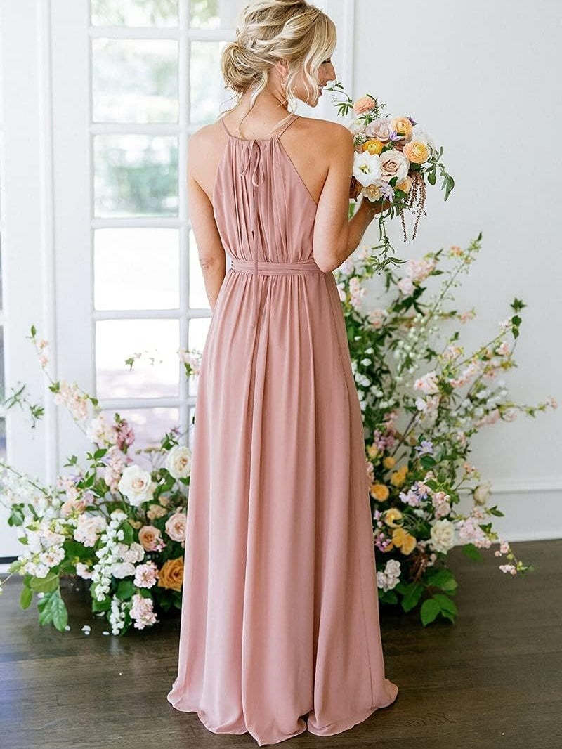 Floor-Length Princess Halter Spaghetti Strap Bridesmaid Dresses with Pockets