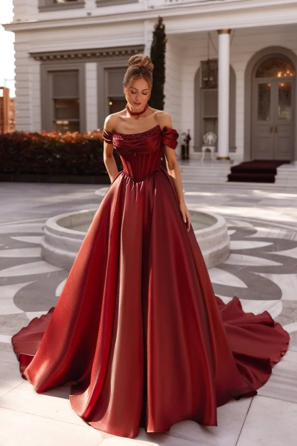 Off the Shoulder Sleeveless Long Prom Dress With Pleated Beading