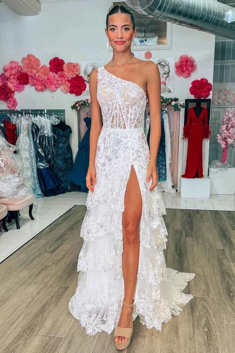 Sparkly A Line One Shoulder Navy Lace Corset Prom Dress with Ruffles