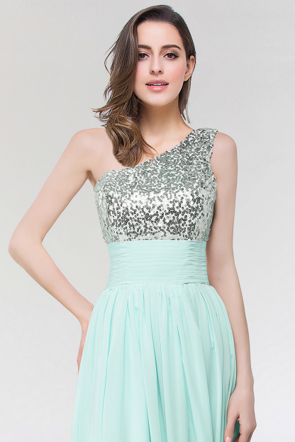 BMbridal Sparkly One-shoulder Ruffle Long Bridesmaid Dresses with Sequined Top-BMbridal