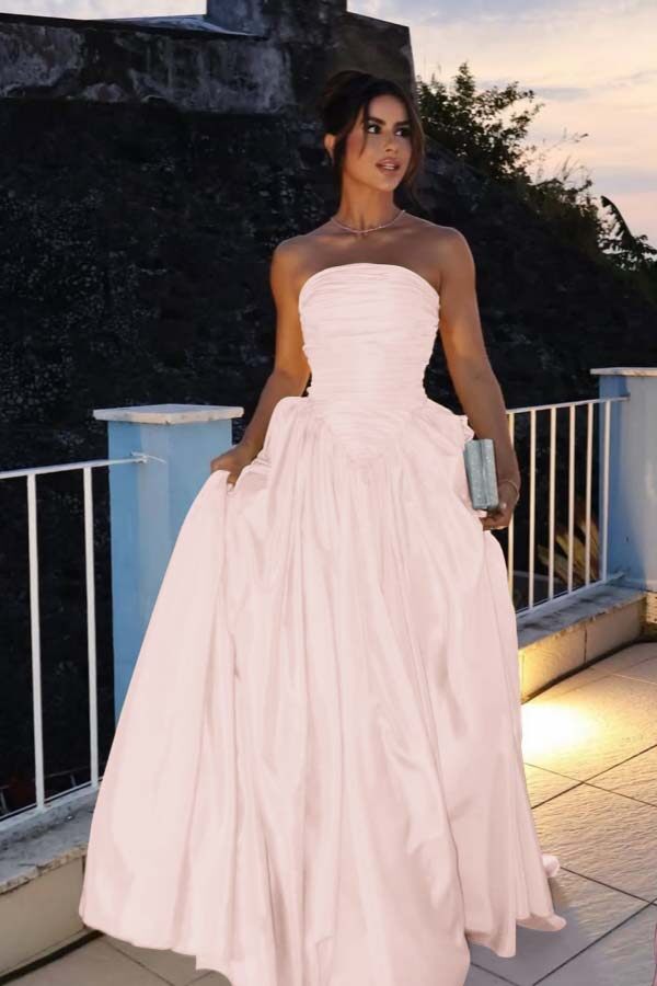 Glamorous Strapless Sleeveless Long Prom Dress With Pleated