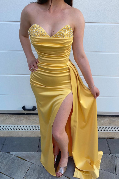 Yellow Beads Mermaid Sweetheart Prom Dress Split With Ruffles