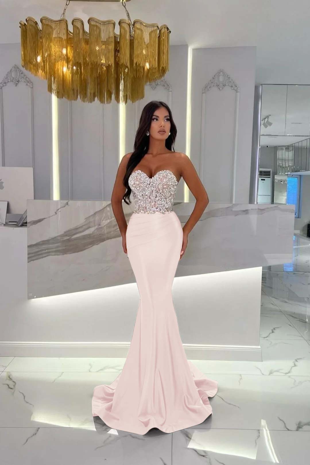 Prom Dress Satin Gold Sweetheart Sleeveless Strapless With Rhinstone Mermaid