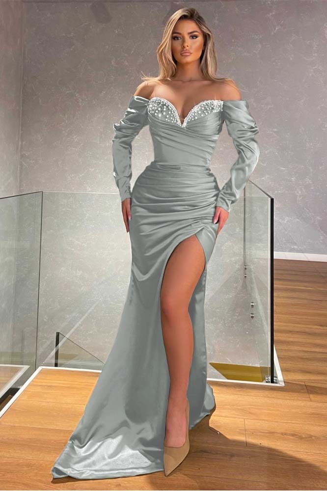 Off the Shoulder Long Sleeves Mermaid Long Prom Dress With Beading