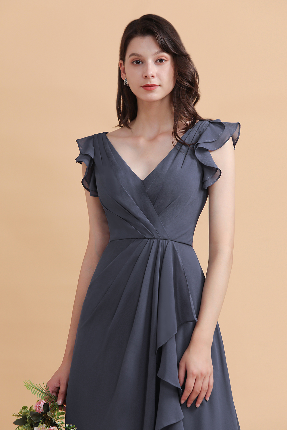 BMbridal Affordable V-Neck Chiffon Ruffles Bridesmaid Dress with Pockets On Sale-BMbridal