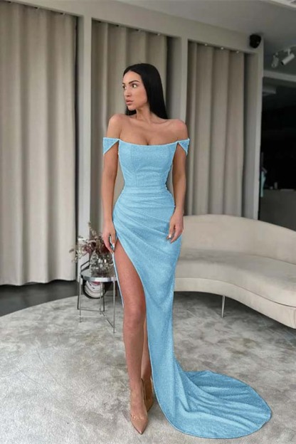 Off the Shoulder Sleeveless Mermaid Long Prom Dress With Split
