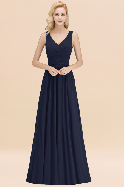 BMbridal Modest Sleeveless V-Neck Long Chiffon Bridesmaid Dress Online with Ruffle-BMbridal
