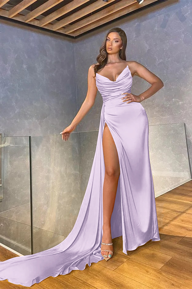 Chic Mermaid Strapless Sleeveless Long Pleated Prom Dress With High Split