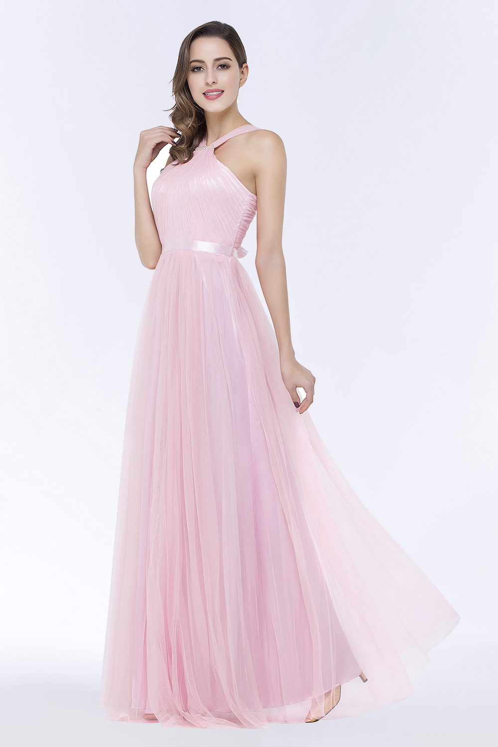 BMbridal Chic Tulle Ruffle Halter Sleeveless Pearls Bridesmaid Dress with Sash-BMbridal