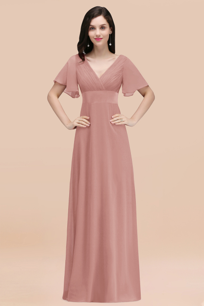 BMbridal Affordable V-Neck Ruffle Long Burgundy Bridesmaid Dress With Short-Sleeves-BMbridal