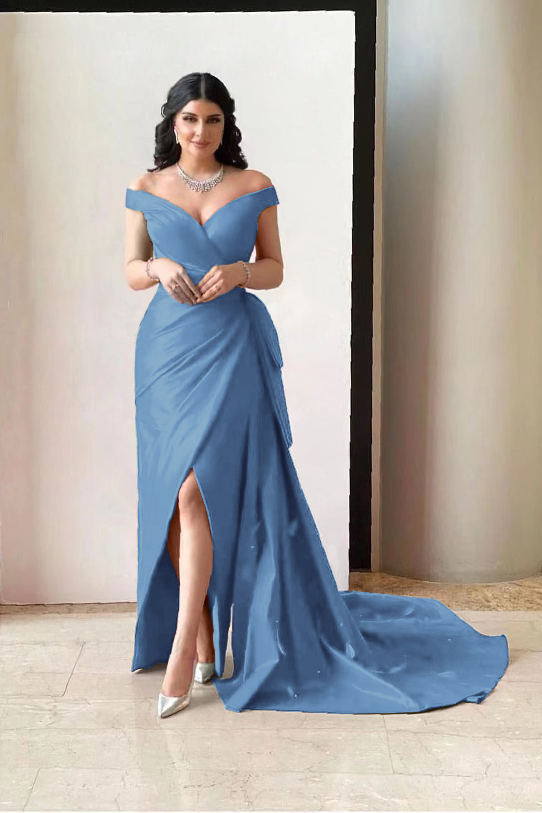 Amazing Fuchsia Off the Shoulder V Neck Split Prom Dress With Pleated