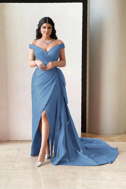 Amazing Fuchsia Off the Shoulder V Neck Split Prom Dress With Pleated