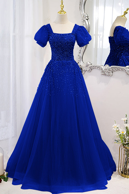 Chic Lace Up Prom Dress Beadings A Line Short Sleeves With Square Online