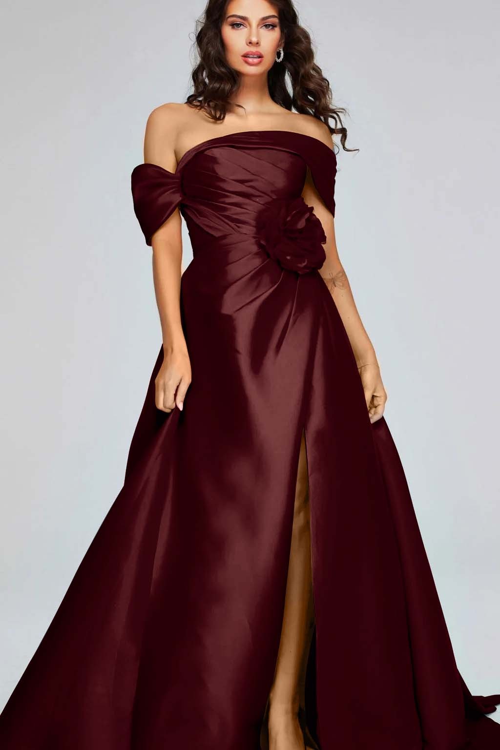 Off the Shoulder Sleeveless Long Split Prom Dress With Pleated