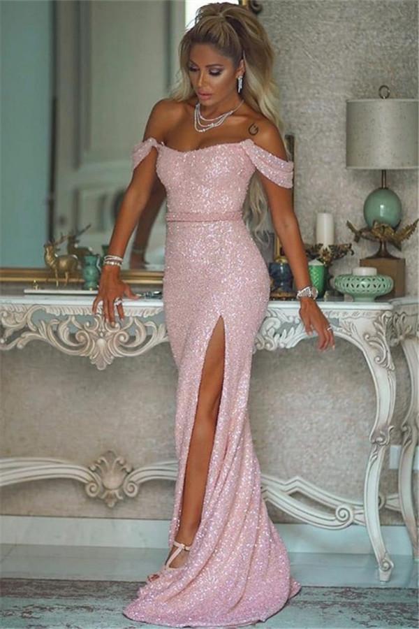 Pink Sequins Off the Shoulder Mermaid Elegant Prom Dresses With Split