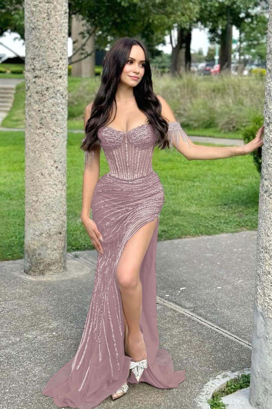 Off the Shoulder Sleeveless Long Mermaid Prom Dress With Split Beading