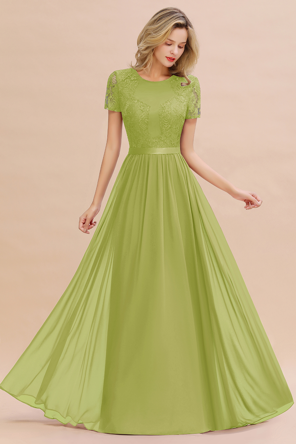 BMbridal Elegant Chiffon Lace Jewel Short-Sleeves Affordable Bridesmaid Dress-BMbridal