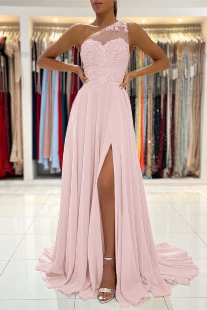 Glamorous One Shoulder Sleeveless Lace Appliques Prom Dress With Front Split