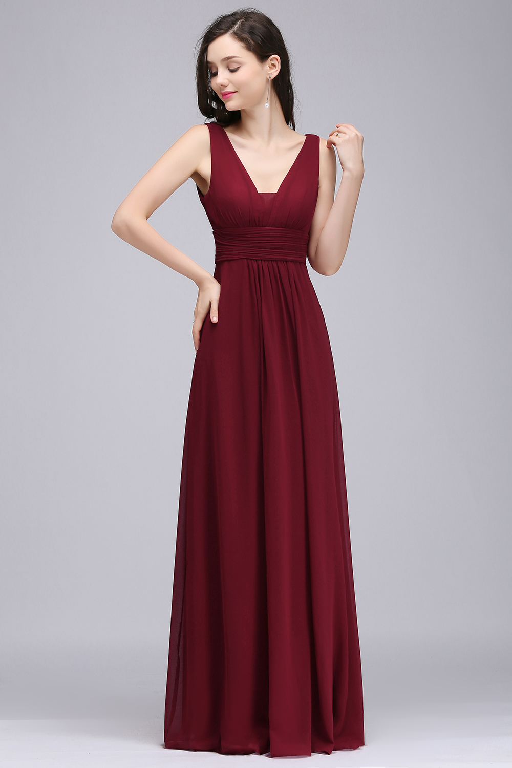 BMbridal Modest Burgundy V-Neck Sleeveless Long Bridesmaid Dresses Affordable-BMbridal