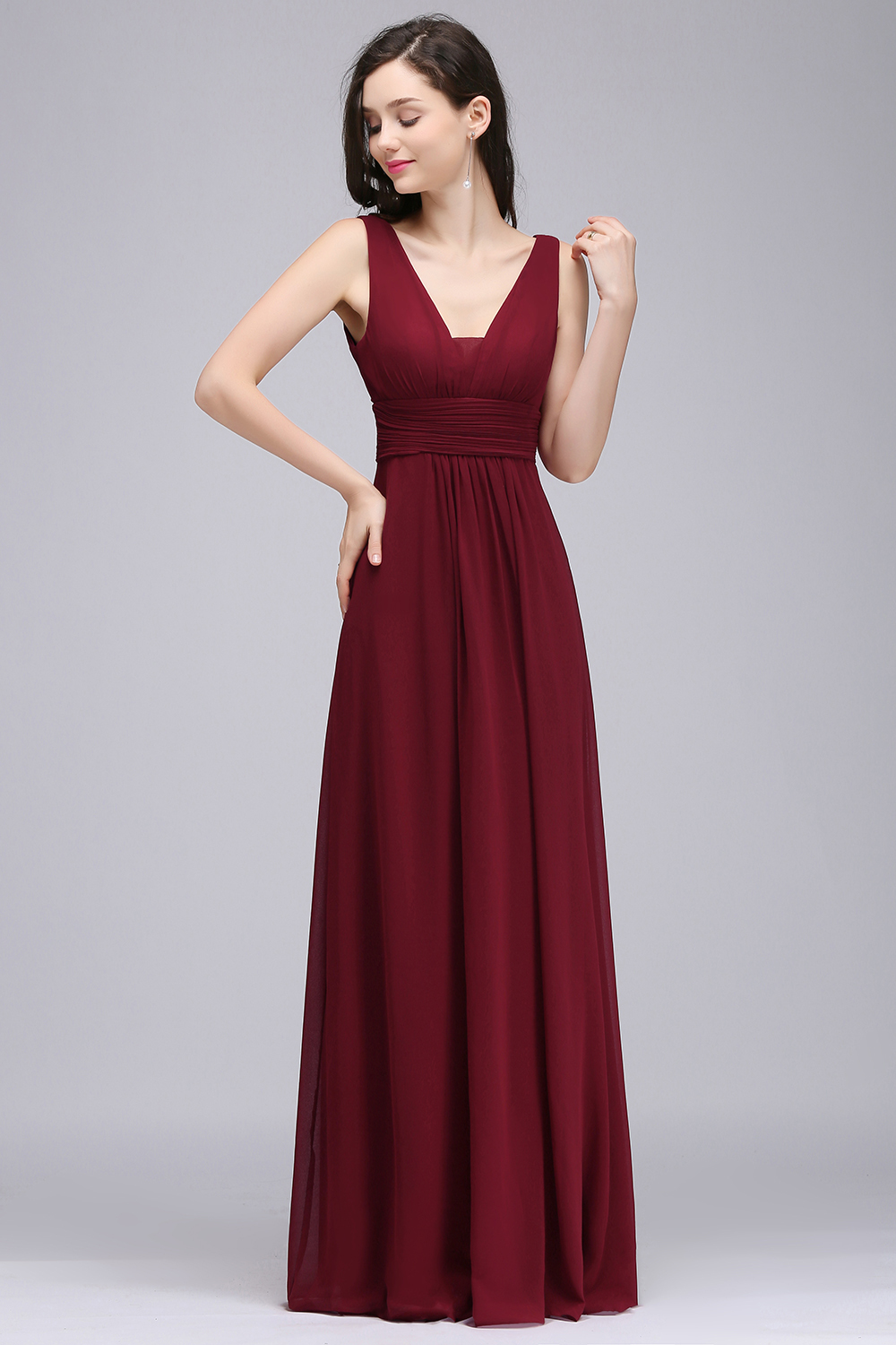 BMbridal Modest Burgundy V-Neck Sleeveless Long Bridesmaid Dresses Affordable-BMbridal
