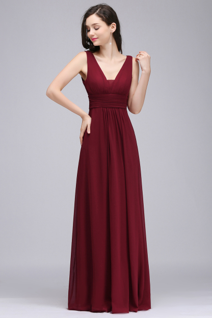BMbridal Modest Burgundy V-Neck Sleeveless Long Bridesmaid Dresses Affordable-BMbridal