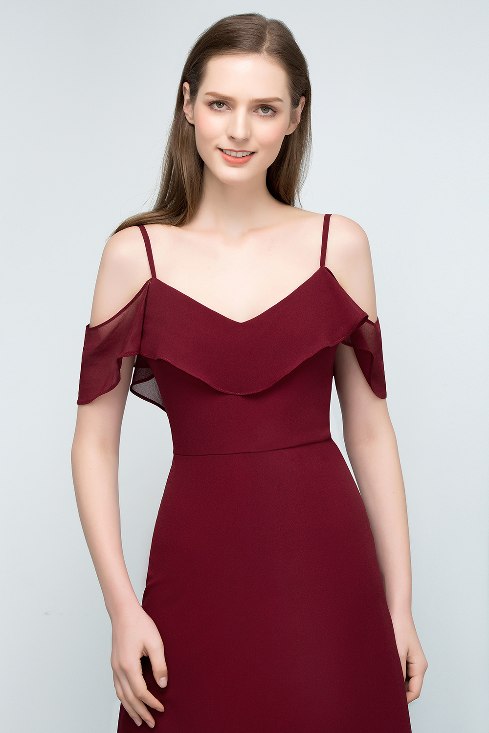 BMbridal Affordable Off-the-shoulder Burgundy Chiffon Bridesmaid Dress With Spaghetti Straps-BMbridal