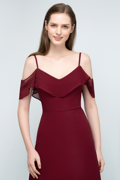 BMbridal Affordable Off-the-shoulder Burgundy Chiffon Bridesmaid Dress With Spaghetti Straps-BMbridal