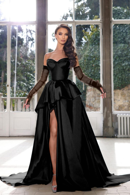 Glamorous Half Sleeves Ink Blue Prom Dress Strapless With High Split Gown