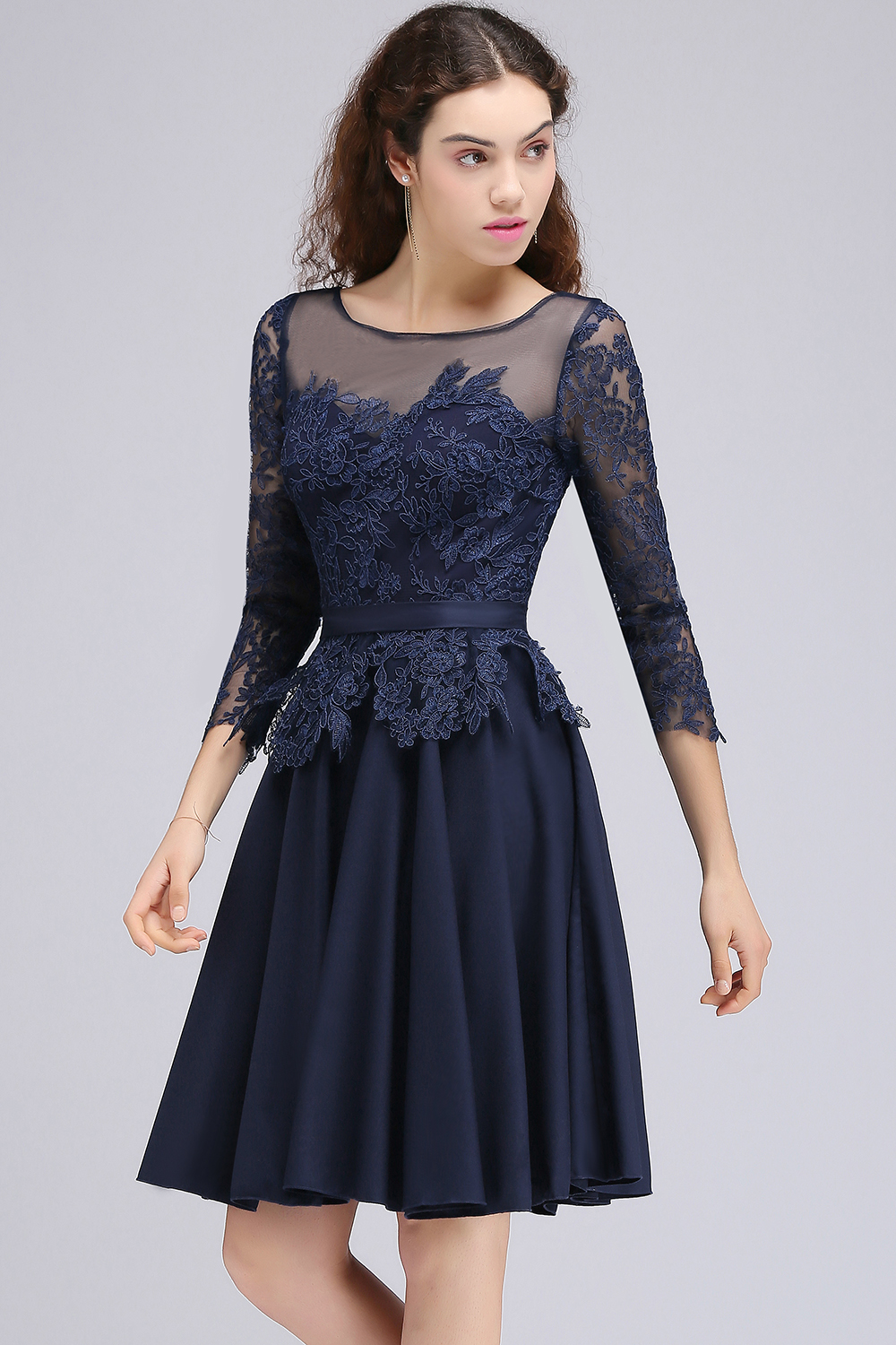 BMbridal Modest 3/4 Sleeves Short Navy Lace Bridesmaid Dresses with Appliques-BMbridal