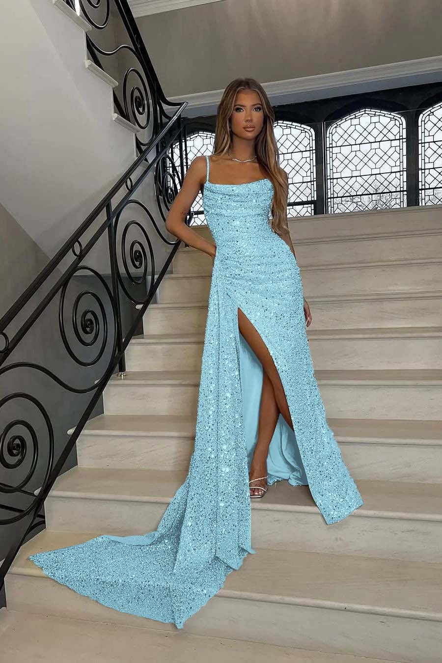 Sequins Spaghetti Strap Sleeveless Long Mermaid Prom Dress With Split