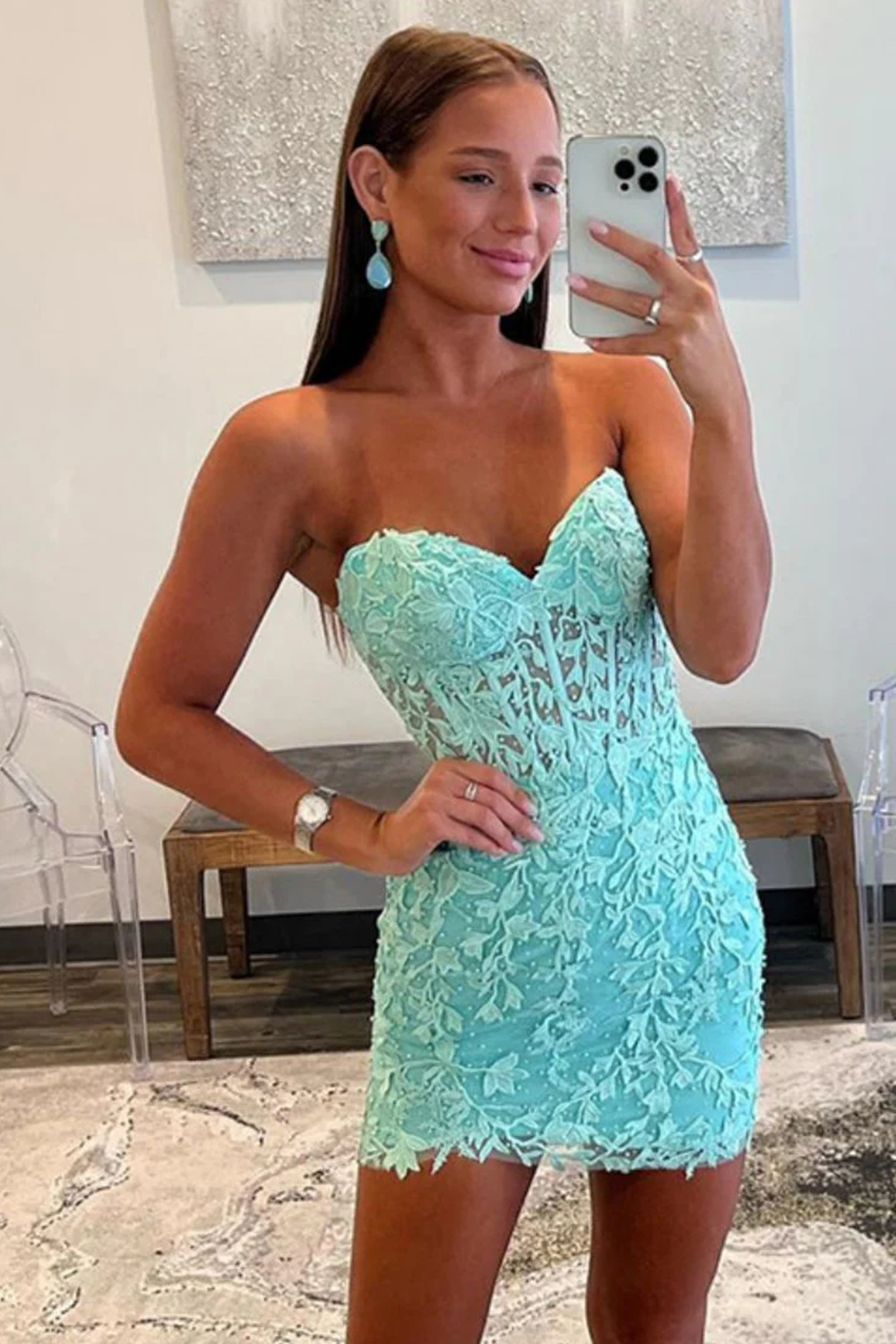 Mint Lace Sweetheart Tight Short Homecoming Dress-BMbridal.UK