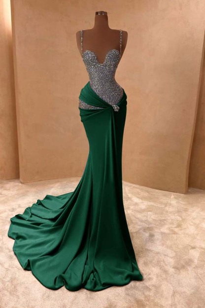 Spaghetti Strap Sleeveless Long Mermaid Prom Dress With Beading