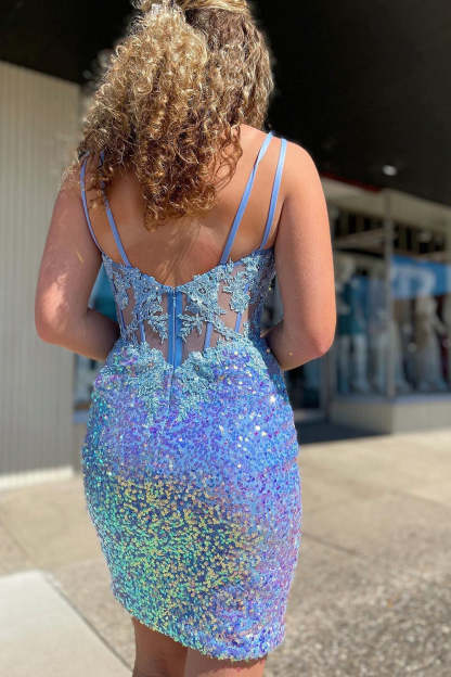 Sparkly Blue Corset Sequins Tight Short Homecoming Dress with Lace