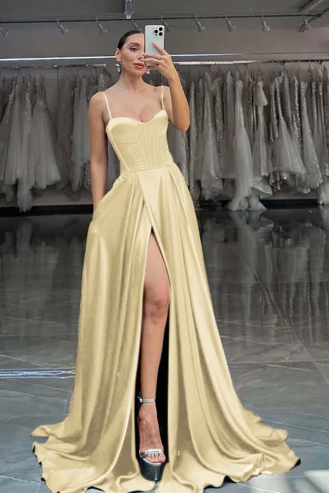Spaghetti Strap Sleeveless Long Split Prom Dress With Pleated