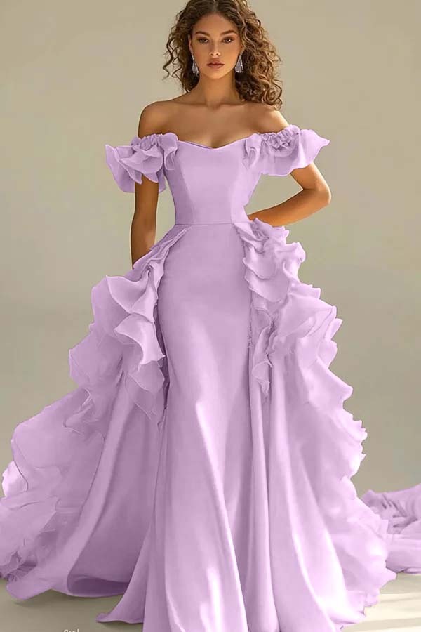 Off the Shoulder Sleeveless Long Mermaid Prom Dress With Ruffles