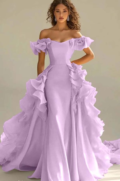 Off the Shoulder Sleeveless Long Mermaid Prom Dress With Ruffles