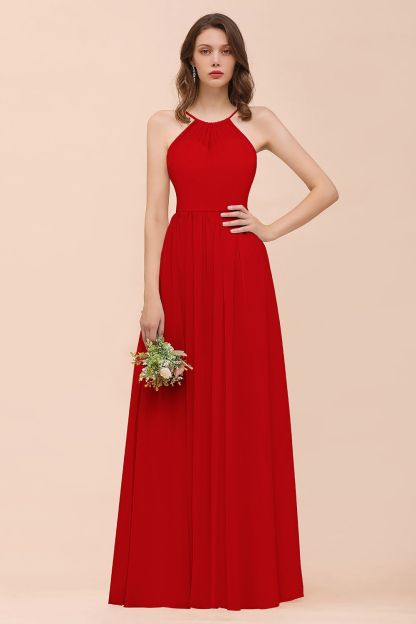 BMbridal Gorgeous Chiffon Halter Ruffle Affordable Long Bridesmaid Dress-BMbridal