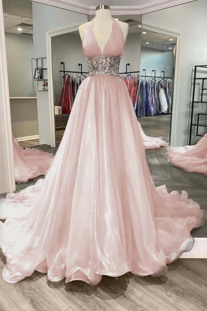 Halter Deep V Neck Sleeveless Long Prom Dress With Beading Ruffle