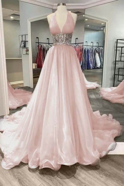 Halter Deep V Neck Sleeveless Long Prom Dress With Beading Ruffle