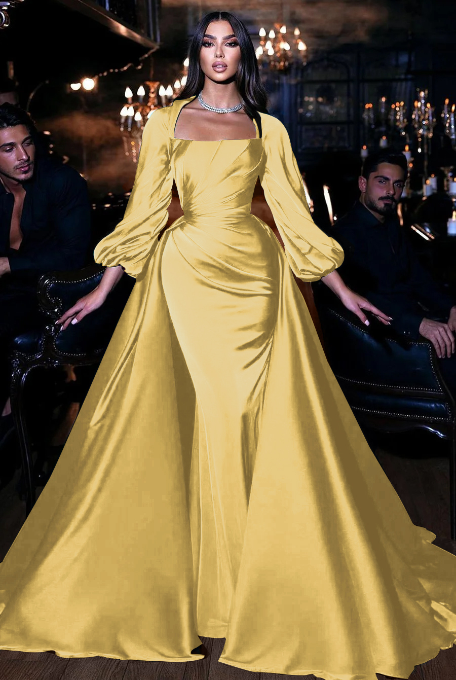 Square Emerald Long Sleeves Pleated Long Mermaid Prom Dress With Ruffles