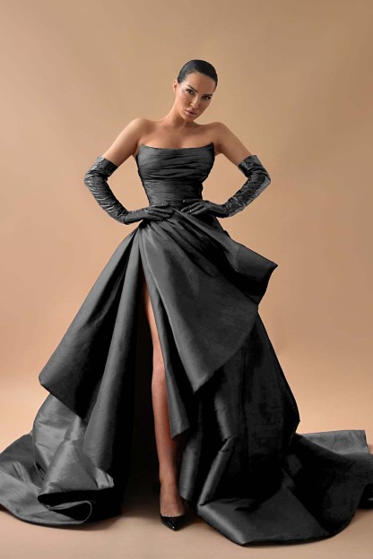 Strapless Sleeveless Long Split Prom Dress With Gloves Pleated