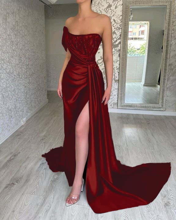 One Shoulder Strapless Sleeveless Long Mermaid Prom Dress With Split