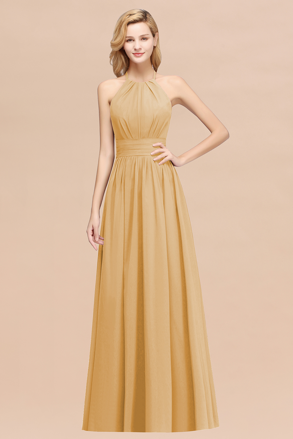 BMbridal Elegant High-Neck Halter Long Affordable Bridesmaid Dresses with Ruffles-BMbridal