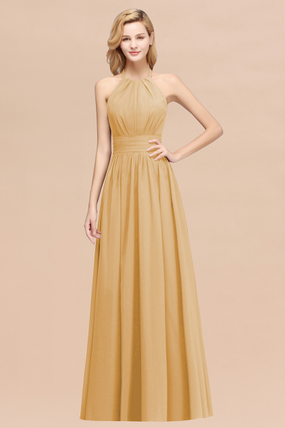 BMbridal Elegant High-Neck Halter Long Affordable Bridesmaid Dresses with Ruffles-BMbridal