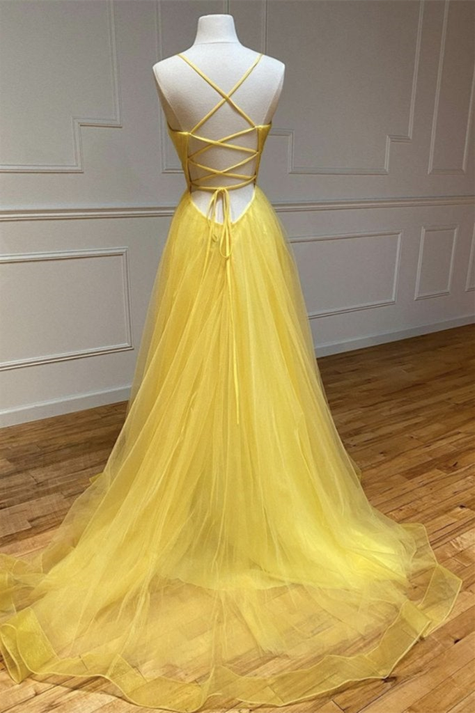 Amazing Yellow Spaghetti Strap Sleeveless V Neck Prom Dress String Back